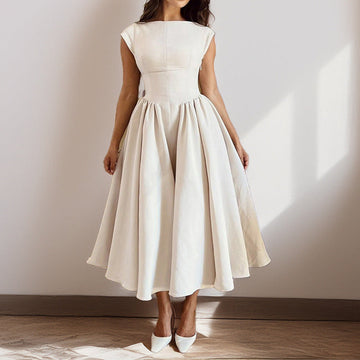 Women’s Midi Dress - Fitted Bodice - Pleated Flared Skirt - Sleeveless High Neckline