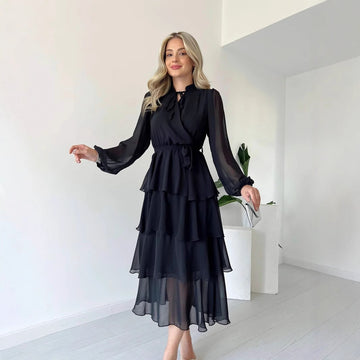 Women’s Midi Dress – Tiered A-Line Silhouette – Sheer Long Sleeve – High Neck Tie Waist