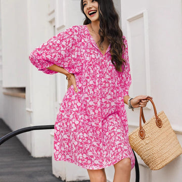 Women’s Midi Dress – V-Neck – Long Sleeve – Relaxed Fit – Floral Print – Lightweight Fabric