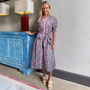 Women's Midi Shirt Dress - Button Front - V-Neck Collar - Puff Sleeve - Belted Waist