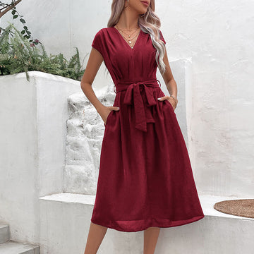 Women’s A-Line Dress – V-Neck – Short Sleeve – Tie Waist – Midi Length – With Pockets