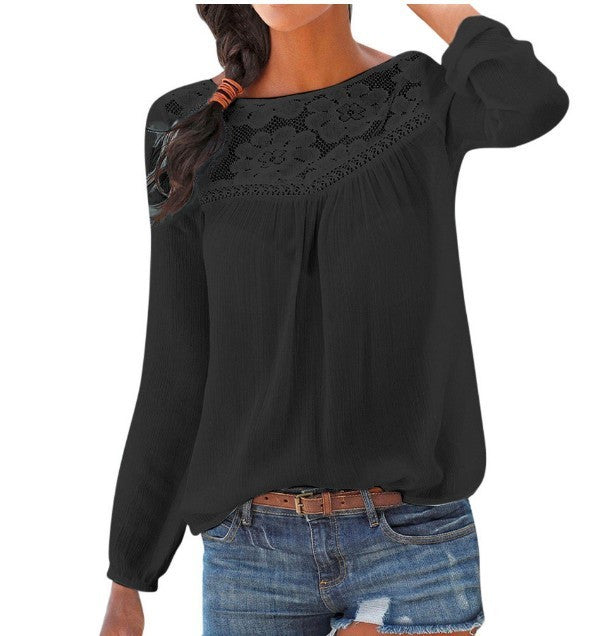 Lace Patchwork Shirt Women Casual Long sleeve Tops