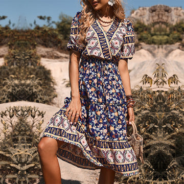 Fashion Women's Printed V-Neck Boho Dress