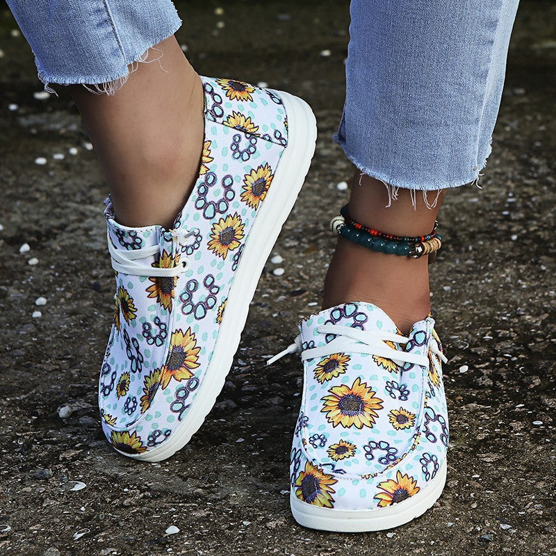 Loafers Women Sunflower Print Flats Casual Canvas Shoes Non-lace Lazy Shoes