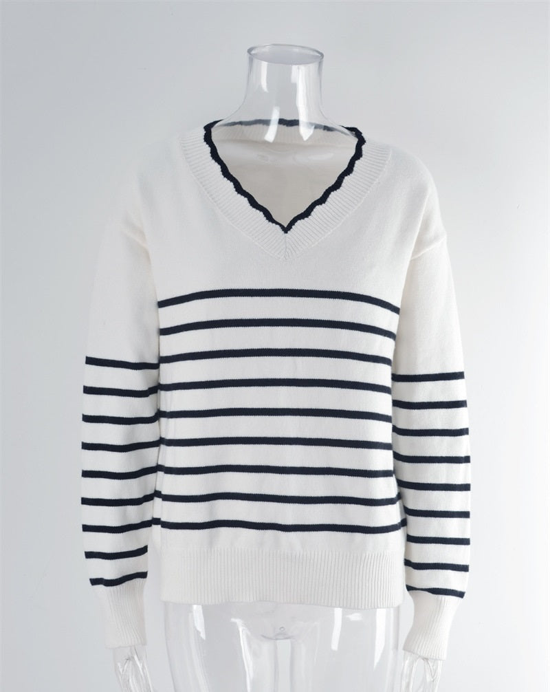 Autumn And Winter New V-neck Striped Sweater Sweater For Women