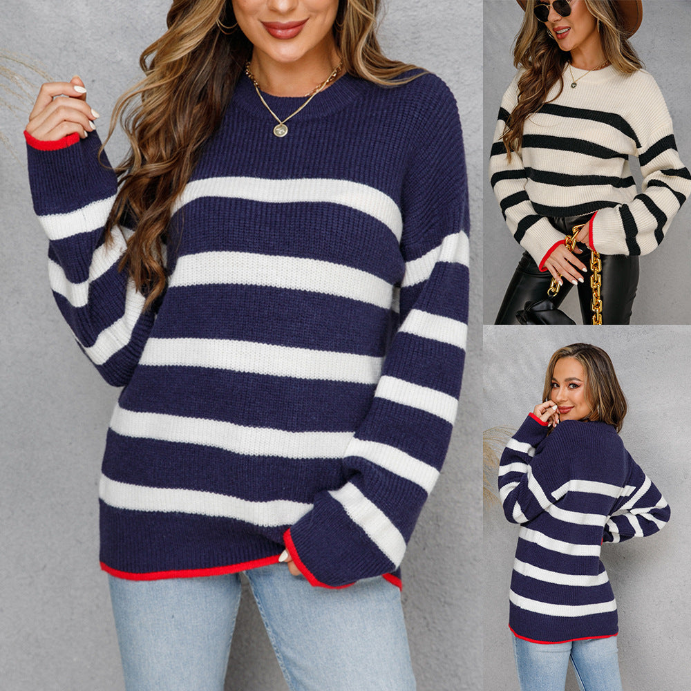 Autumn And Winter Stitching Striped Large Size Sweater Pullover Round Neck Sweater For Women