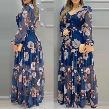 Long Printed V-neck Chiffon Dress