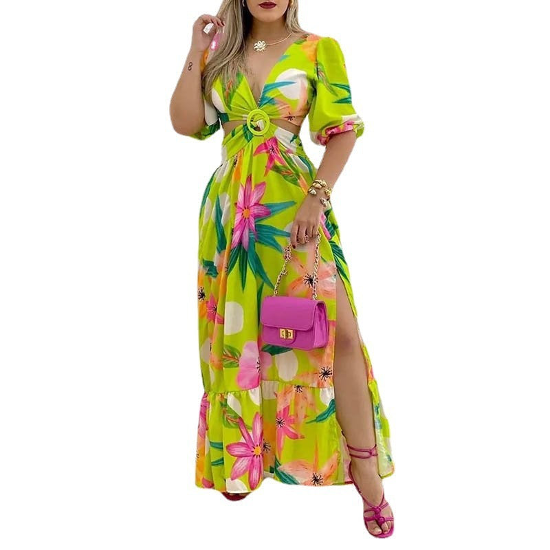 V-neck Split Retro Colored Printing Long Dress