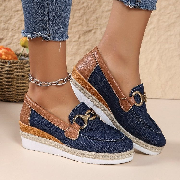 Loafers Casual Pumps Women's Outer Wear Horsebit Buckle Wedge Platform Loafers Slip-on Lazy Shoes