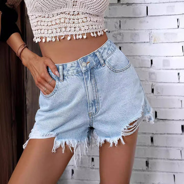 Women's High Waist Raw Hem Ripped Denim Shorts