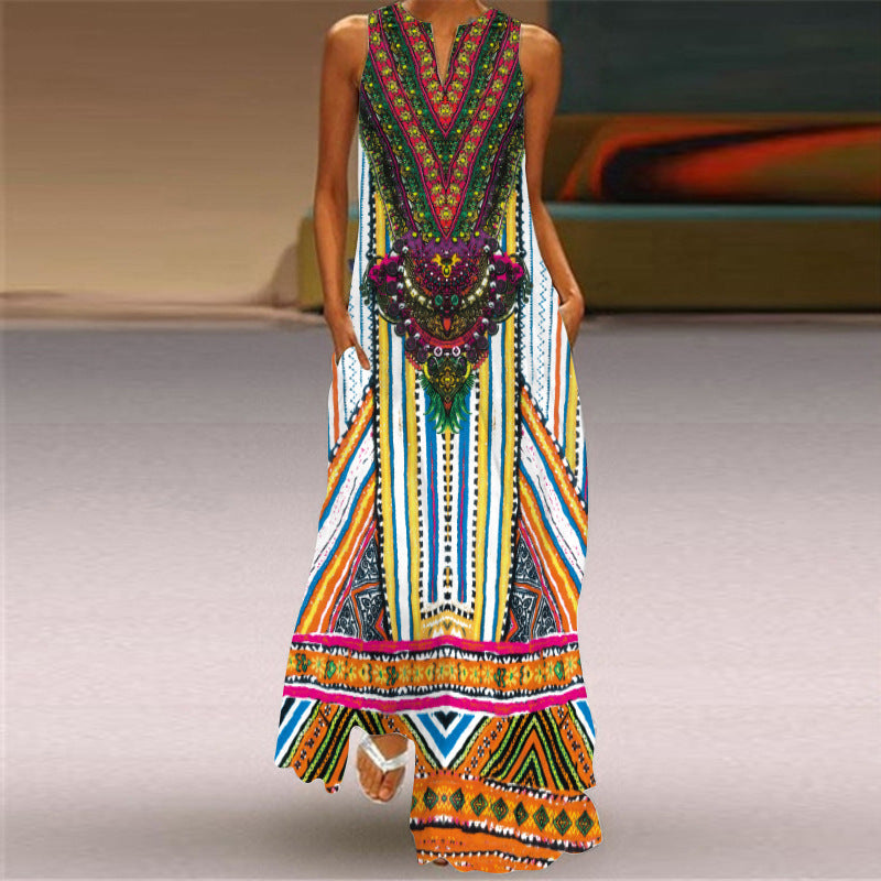 New Retro Print Long Dress V-neck Sleeveless Summer Sexy Dress With Pockets