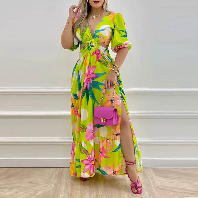 V-neck Split Retro Colored Printing Long Dress