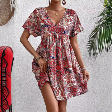 Fashion Women V-neck Printed Dress