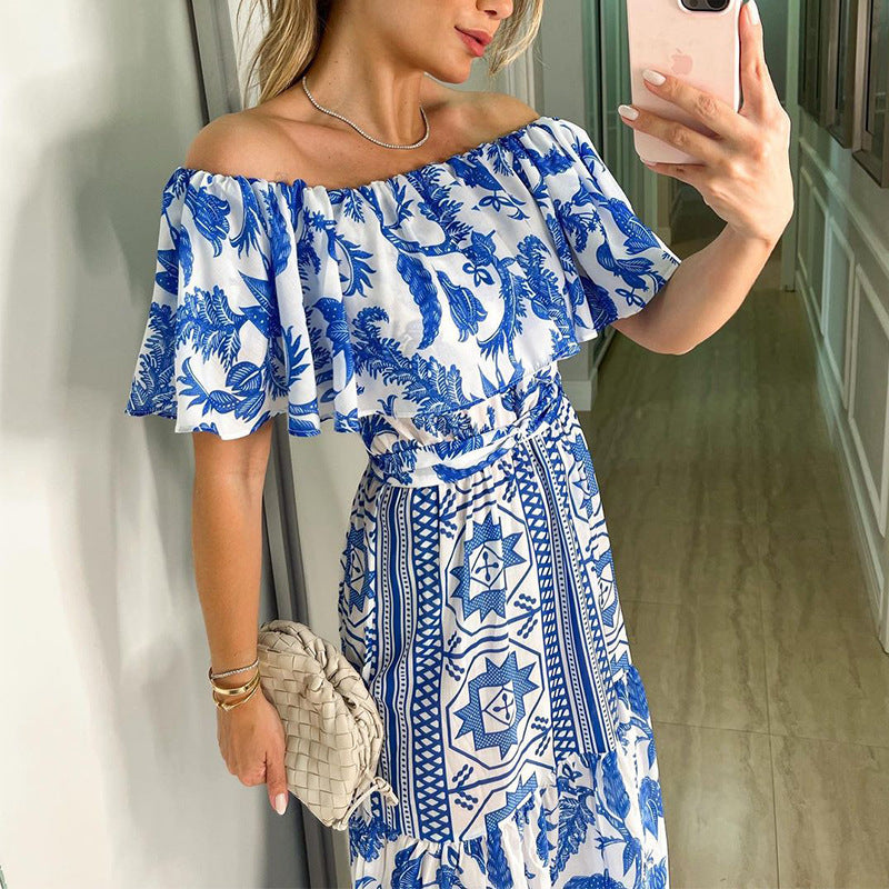 Women's Line Neck High Waist Boho Print Dress