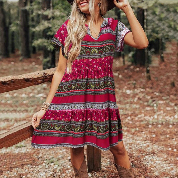 Women's Boho Print Short Sleeve Dress