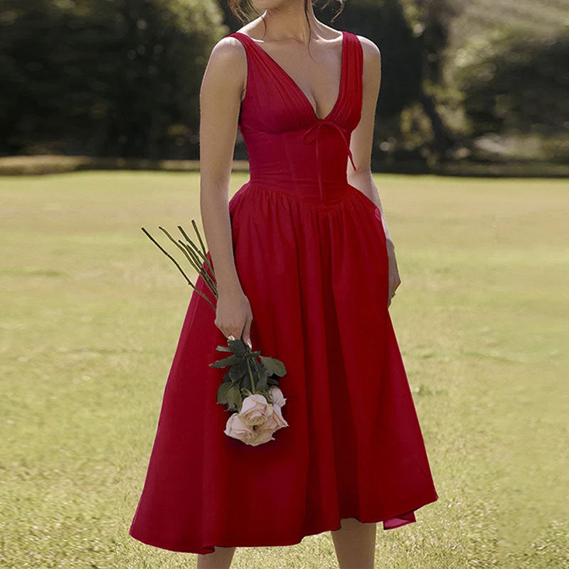 Women’s Midi Dress - Sleeveless A-Line - V-Neck - Flared Skirt - Lightweight Fabric