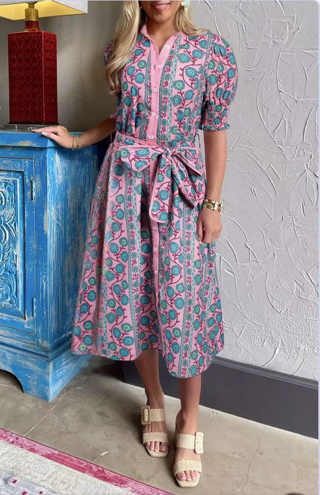 Women's Midi Shirt Dress - Button Front - V-Neck Collar - Puff Sleeve - Belted Waist