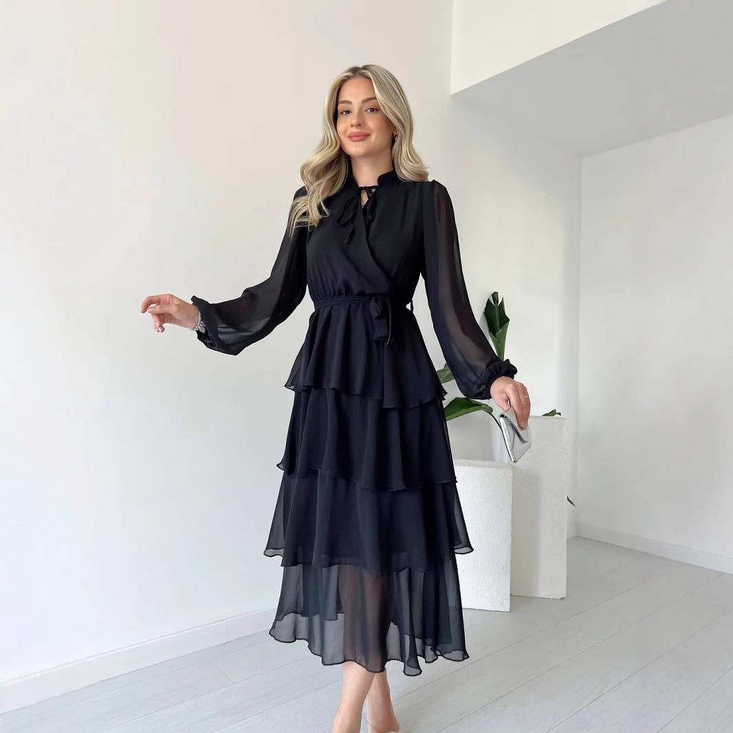 Women’s Midi Dress – Tiered A-Line Silhouette – Sheer Long Sleeve – High Neck Tie Waist
