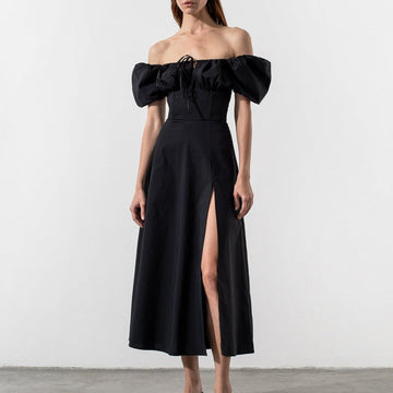 Women’s Off-Shoulder Dress - Puff Sleeve - Fitted Bodice - A-Line Midi with Front Slit