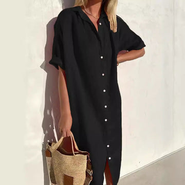 Women’s Shirt Dress – Lightweight Cotton-Linen – Button Down – Short Sleeve – Relaxed Fit
