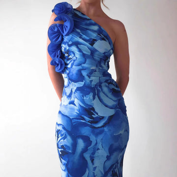 Women’s Evening Gown – One Shoulder – Slim Fit – Glossy Finish – Floral Ruffle Detail