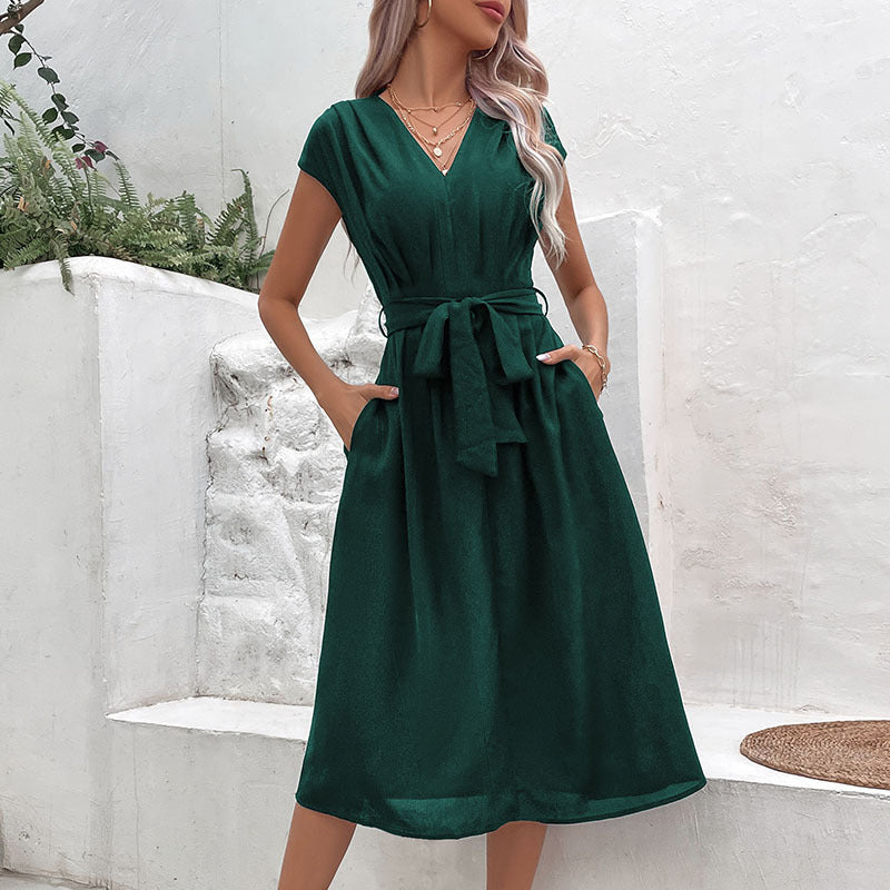 Women’s A-Line Dress – V-Neck – Short Sleeve – Tie Waist – Midi Length – With Pockets