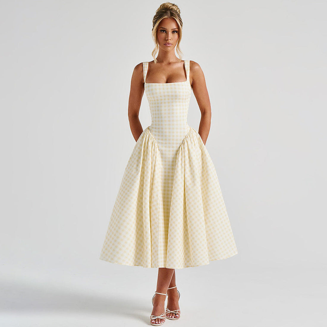 Women’s Midi Dress – A-Line Silhouette – Square Neck – Wide Straps – Checkered Pattern