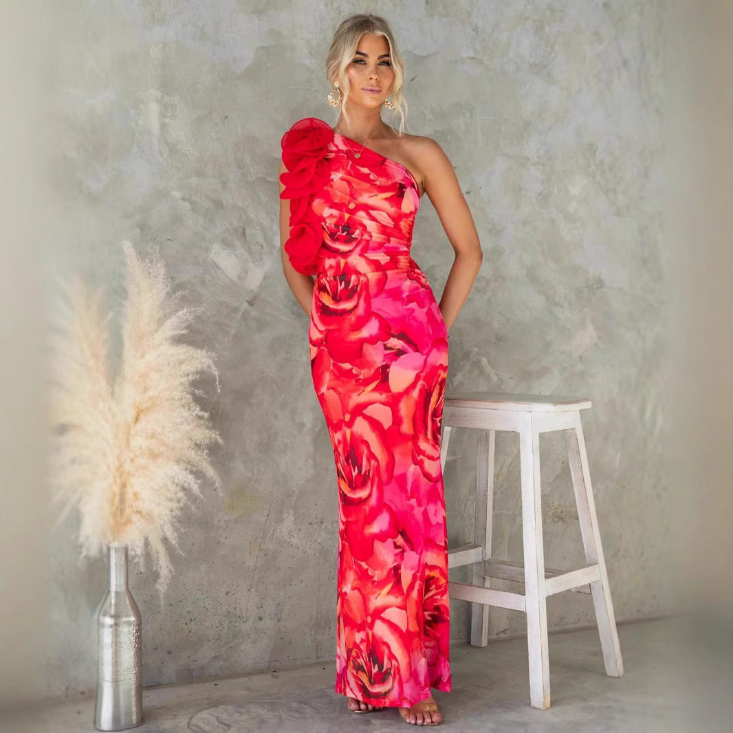 Women’s Evening Gown – One Shoulder – Slim Fit – Glossy Finish – Floral Ruffle Detail