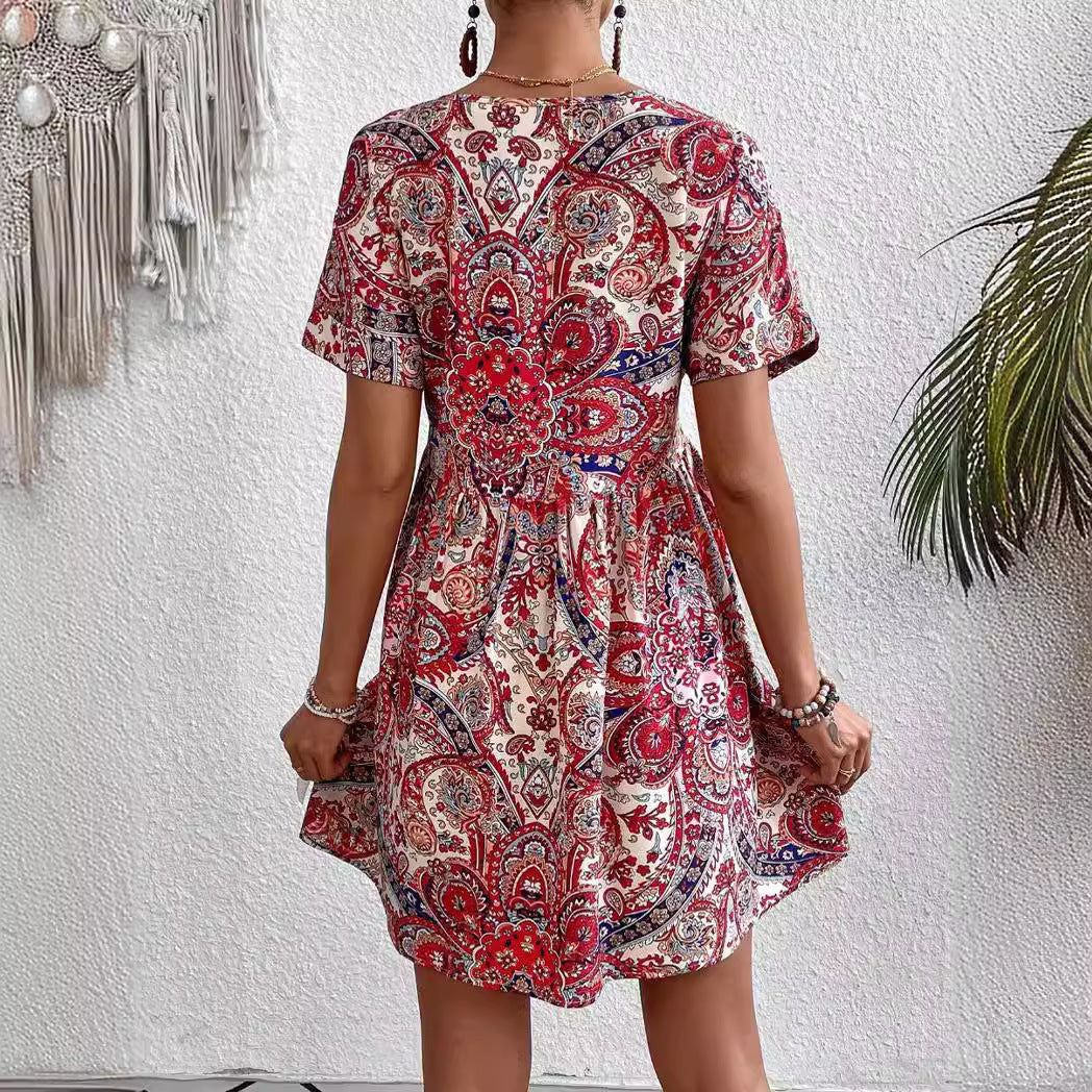 Fashion Women V-neck Printed Dress