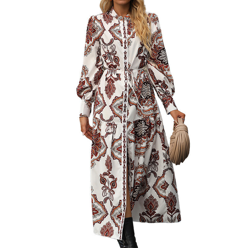 Printed V-neck Irregular Long Dress