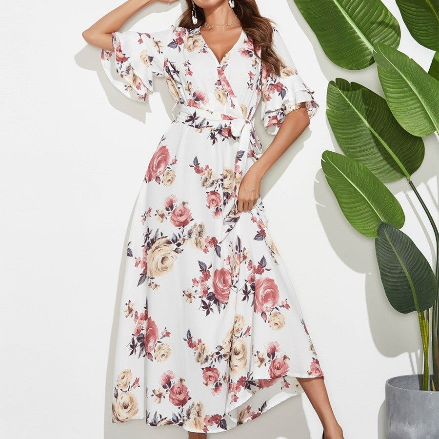 Printed V-neck Large Swing Dress